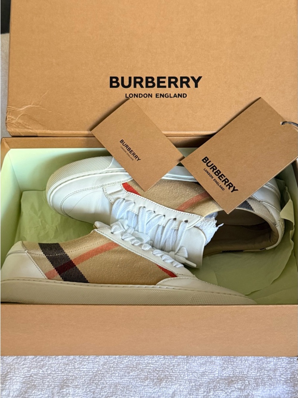 Burberry Beige Check & White Leather Low-Top Sneakers